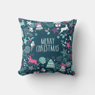 Merry Christmas card with snowflakes and Xmas symb Cushion
