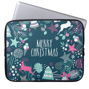 Merry Christmas card with snowflakes and Xmas symb Laptop Sleeve