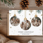 Merry Christmas Card with Three Ornaments Photos<br><div class="desc">Celebrate the season with this elegant Merry Christmas card featuring three charming ornament designs, each showcasing a custom photo. The festive layout beautifully frames your favourite memories, perfect for spreading holiday cheer. Personalise the card with your photos and a heartfelt message, making it a unique keepsake for family and friends....</div>