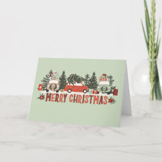 Merry Christmas Card with Vintage Cars and Trees