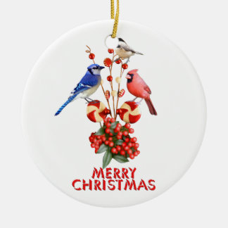 Merry Christmas Cardinal Blue Jay Chickadee Ceramic Tree Decoration