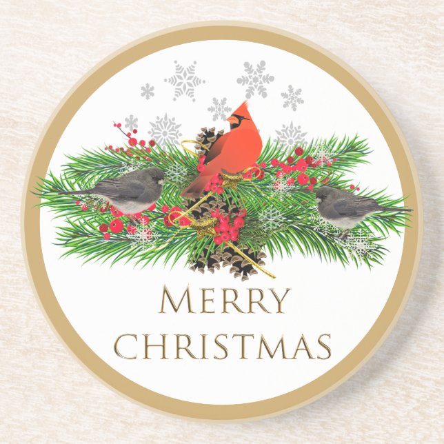 Merry Christmas Cardinal Garland Sandstone Coaster (Front)