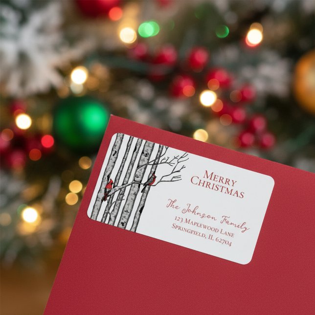 Merry Christmas Cardinals Birch Branches Label (Elegant Festive Winter Return Address Label. Hand Drawn Red Cardinal Birds in Birch Trees)