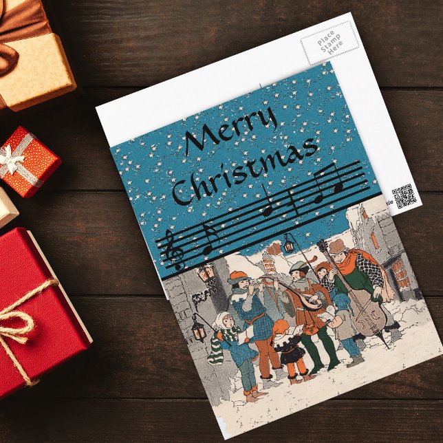 Merry Christmas Carolers PostCard (Group carolers and musicians on street corner Music notes on Merry Christmas postcard.)