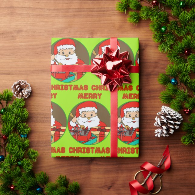 Merry Christmas - Cartoon by Santa Claus and gifts Wrapping Paper (Holiday Gift)