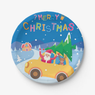 Merry Christmas Cartoon Santa Reindeer Car Paper Plate