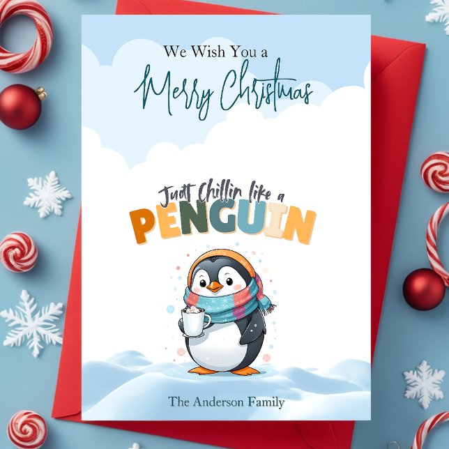 Merry Christmas Cartoonish Chillin Like a Penguin  Holiday Card (Merry Christmas Cartoonish Chillin Like a Penguin Holiday Card)