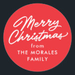 Merry Christmas casual script red holiday gift Classic Round Sticker<br><div class="desc">Add this personalised Merry Christmas sticker to all your Christmas gifts. This red Christmas gift sticker features a casual "Merry Christmas" along with custom text. Add a from to your Christmas presents, Christmas party favours and more. Also great as a Christmas cookie sticker or for other food gifts. Find coordinating...</div>