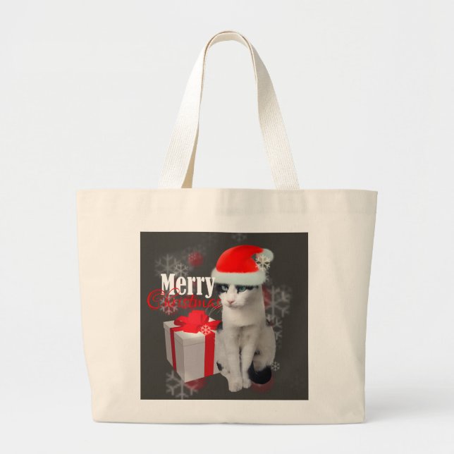 Merry Christmas Cat and Pack Large Tote Bag (Front)
