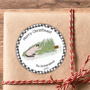 Merry Christmas Cat Black & White Gingham Classic Round Sticker