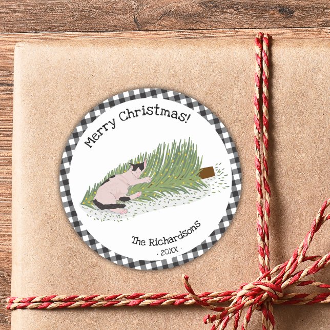 Merry Christmas Cat Black & White Gingham Classic Round Sticker (Creator Uploaded)