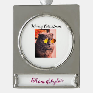Merry Christmas cat dog pet animal love photo Silver Plated Banner Ornament