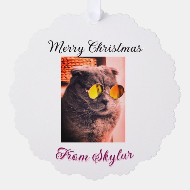Merry Christmas cat dog pet animal love photo Tree Decoration Card (Front)