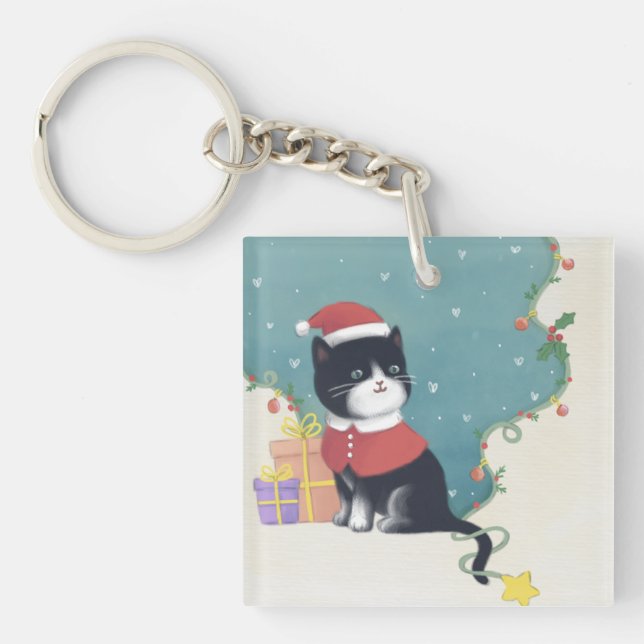 Merry Christmas: Cat Illustration Art Key Ring (Front)