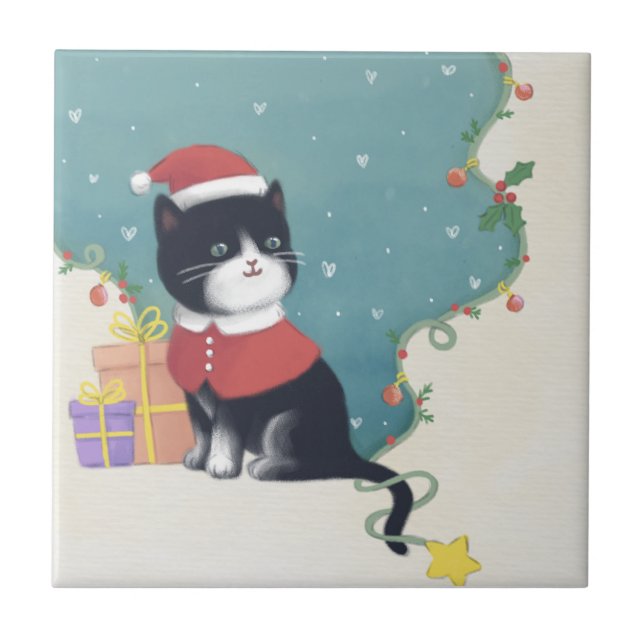 Merry Christmas: Cat Illustration Art Tile (Front)