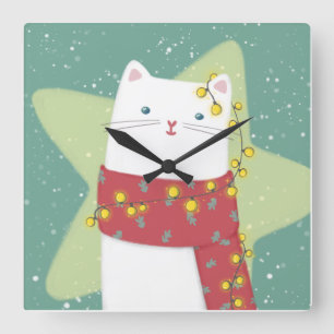 Merry Christmas: Cat Illustration Square Wall Clock