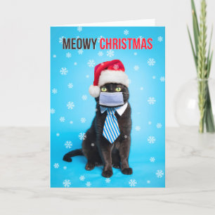 Merry Christmas Cat in Face Mask Santa Hat and Tie Holiday Card
