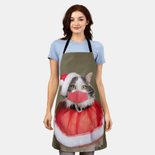 Merry Christmas Cat in Santa Hat and Face Mask Apron