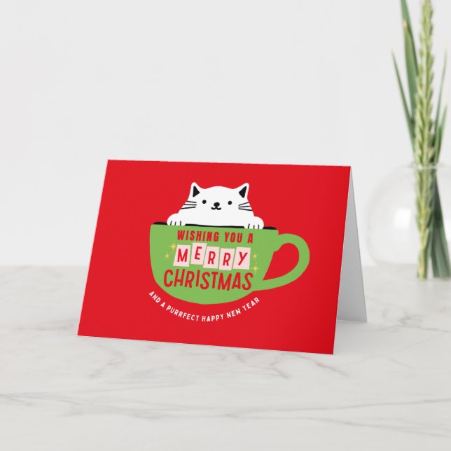 Merry Christmas Cat In Teacup Christmas Card, Cute Holiday Card (Front)
