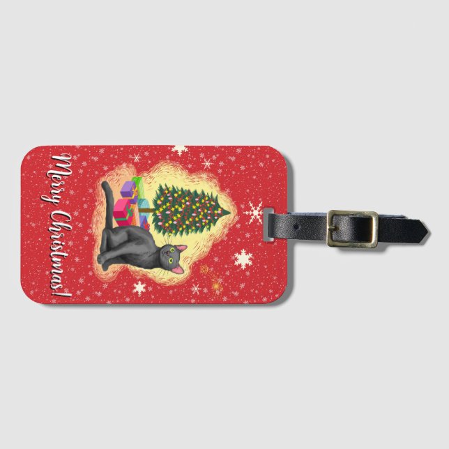 Merry Christmas Cat Luggage Tag (Front Horizontal)