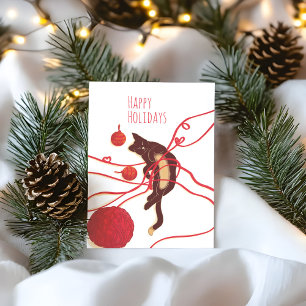 Merry Christmas Cat- Playful Cat with Red Ribbons Holiday Card