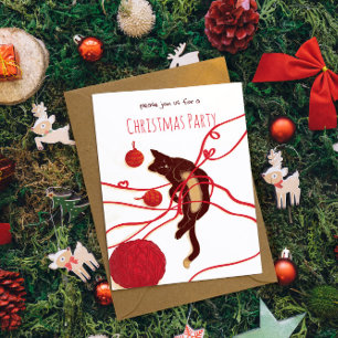 Merry Christmas Cat- Playful Cat with Red Ribbons  Invitation