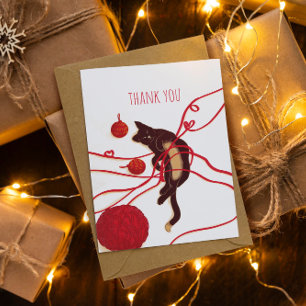 Merry Christmas Cat- Playful Cat with Red Ribbons Thank You Card
