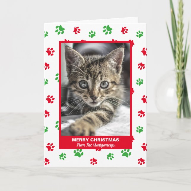 Merry Christmas Cat Red Green Paw Prints Pet Photo Holiday Card (Front)