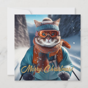 Merry Christmas Cat skiing Holiday Card