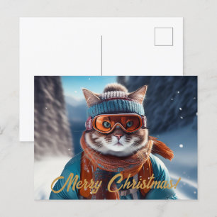 Merry Christmas Cat skiing Holiday Postcard