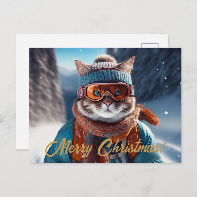 Merry Christmas Cat skiing  Holiday Postcard (Front/Back)