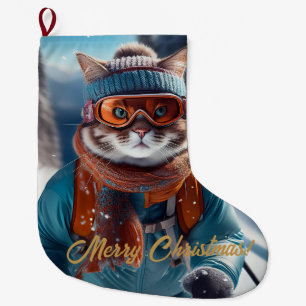 Merry Christmas Cat skiing Large Christmas Stocking