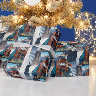 Merry Christmas Cat skiing  Wrapping Paper