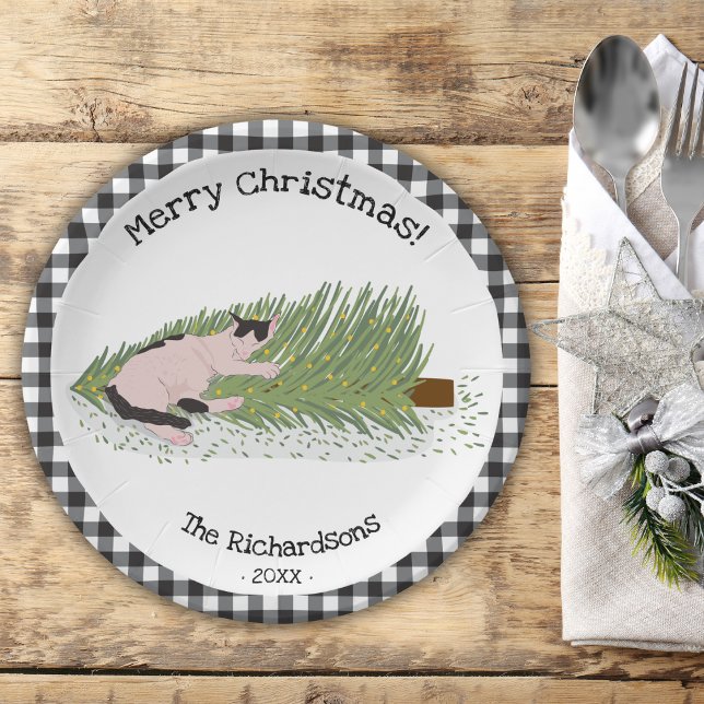 Merry Christmas! Cat vs Tree Black & White Gingham Paper Plate (Creator Uploaded)