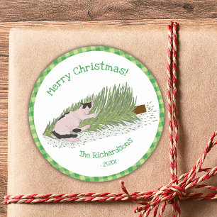 Merry Christmas Cat vs Tree Green Gingham Classic Round Sticker