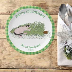 Merry Christmas! Cat vs Tree Green Gingham Paper Plate