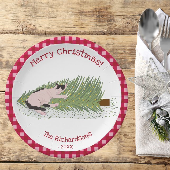 Merry Christmas! Cat vs Tree Red Gingham Paper Plate (Creator Uploaded)