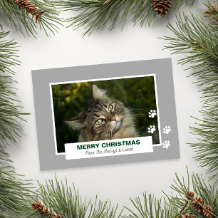Merry Christmas Cat White Paw Prints Photo Holiday Card