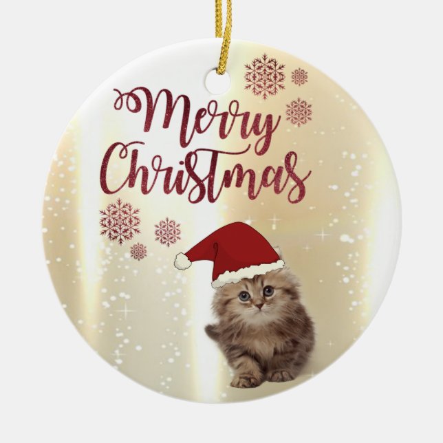 Merry Christmas,Cat With Santa Hat Ceramic Tree Decoration (Front)