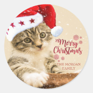 Merry Christmas,Cat With Santa Hat Classic Round Sticker
