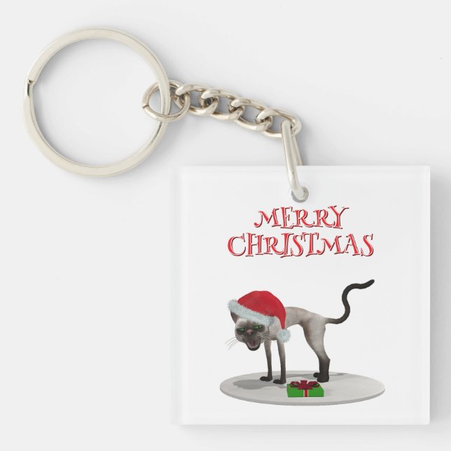 Merry Christmas. Cat with Santa hat Key Ring (Front)