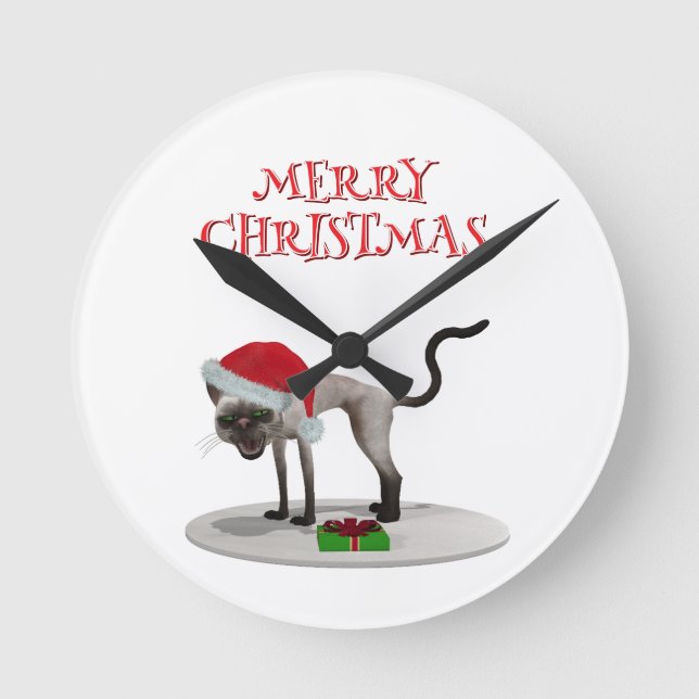 Merry Christmas. Cat with Santa hat Round Clock (Front)