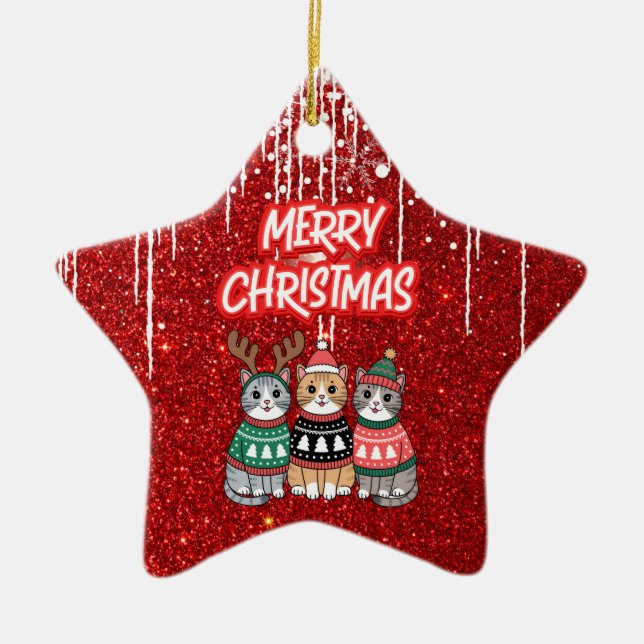 Merry Christmas Cats  Ceramic Tree Decoration (Front)