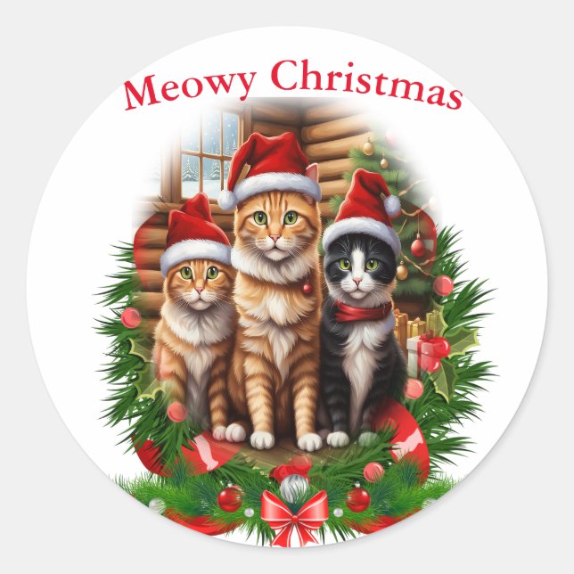 Merry Christmas Cats Classic Round Sticker (Front)