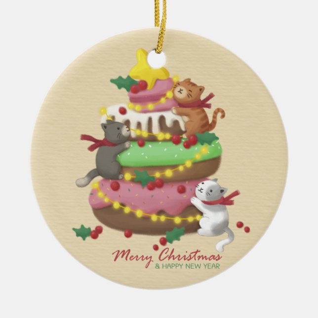 Merry Christmas: Cats & Sweets Illustration Ceramic Tree Decoration (Front)