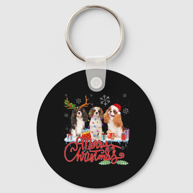 Merry Christmas Cavalier King Santa Reindeer Light Key Ring (Front)