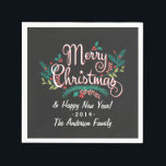 MERRY CHRISTMAS CHALKBOARD HOLLY AND BRANCHES NAPKIN<br><div class="desc">MERRY CHRISTMAS & HAPPY NEW YEAR | Bright and colourful hand-drawn chalkboard art style seasonal Christmas holiday paper napkins with casual hand-written retro typography, feathery winter pine branches and flowery foliage wreath with laurel leaves and holly in red, white, and green. Personalise it with your name or custom greeting. Click...</div>