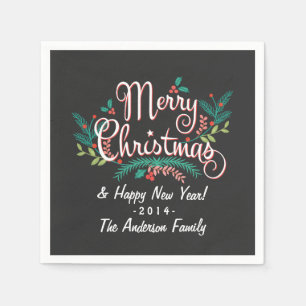 MERRY CHRISTMAS CHALKBOARD HOLLY AND BRANCHES NAPKIN