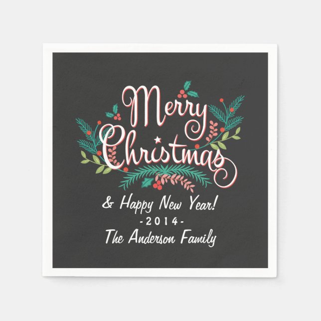 MERRY CHRISTMAS CHALKBOARD HOLLY AND BRANCHES NAPKIN (Front)