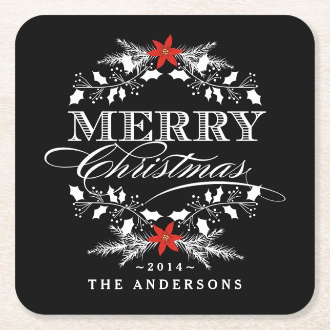 Merry Christmas Chalkboard Holly Wreath Typography Square Paper Coaster (Front)